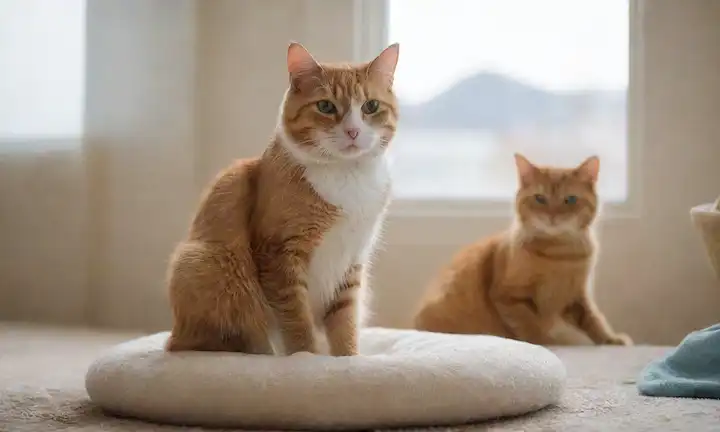 3-5 gatos con diferentes peinados, expresiones tranquilas, sentados en una cama de gatos o post araña, rodeado de juguetes de gato y telas suaves, luz na
<center><img decoding=
