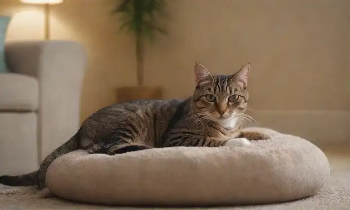 Una acogedora y acogedora sala de estar con un gato colgando en un cojín suave, unos juguetes dispersos alrededor, un post de rascacielos en la esquina, un ambiente tranquilo y sereno, con un esquema de iluminación suave, una textura de fondo sutil