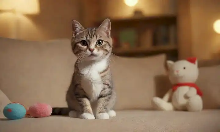 3D renderizado de un lindo gato, sentado en un sofá, rodeado de juguetes y libros, con una suave sonrisa, iluminación cálida, enfoque suave, colores naturales, ambiente tranquilo
