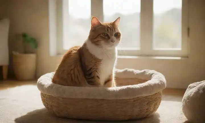 Una habitación cálida y acogedora con un gato colgando en un cojín de felpa, una persona acariciando suavemente su piel; una cesta llena de juguetes y postes de rasguño en el fondo, la luz del sol fluyendo a través de una ventana; un sentido de calma y compañía