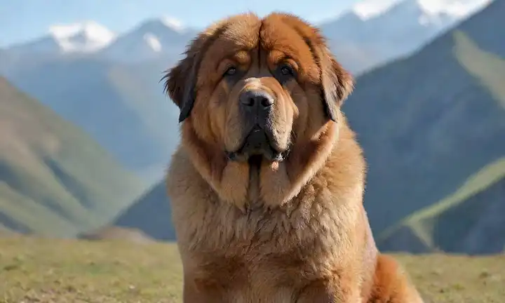 Tibetano Mastiff perro raza retrato con una expresión tranquila, sentado o de pie en un entorno natural sereno, rodeado de montañas y cielos azules, con un toque de niebla maliciosa en el fondo, representando las razas majestuosa apariencia y noble patrimonio
