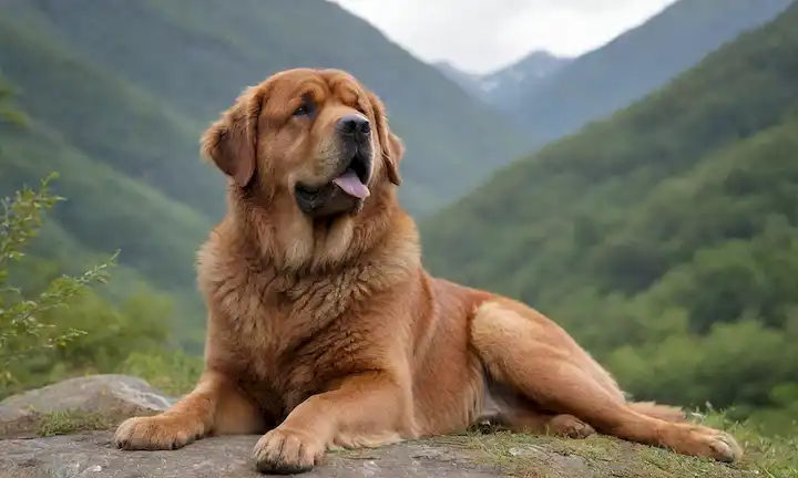 Tibetano Mastiff raza perro sentado cómodamente en un paisaje sereno, rodeado de montañas y vegetación, con una expresión tranquila, tal vez olfateando el aire o mirando hacia la distancia