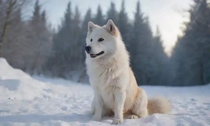 Un perro blanco con una cara de zorro, cola rizada y pelaje rubio, rodeado de una escena de invierno con árboles cubiertos de nieve, colinas rodantes y un cielo azul claro, con unos juguetes o golosinas dispersos alrededor