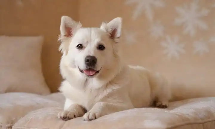 Perro blanco fluido con cola rizada