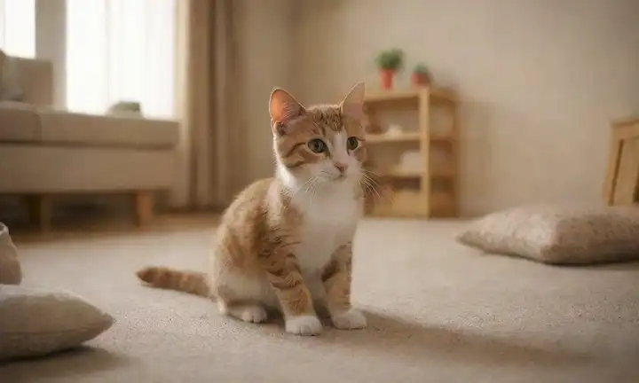 Un curioso gatito rodeado de juguetes y puestos de rascacielos en un cálido y acogedor salón con cojines suaves y un ambiente tranquilo, unos pocos gatos dispersos alrededor, una suave luz de la mañana iluminando la escena