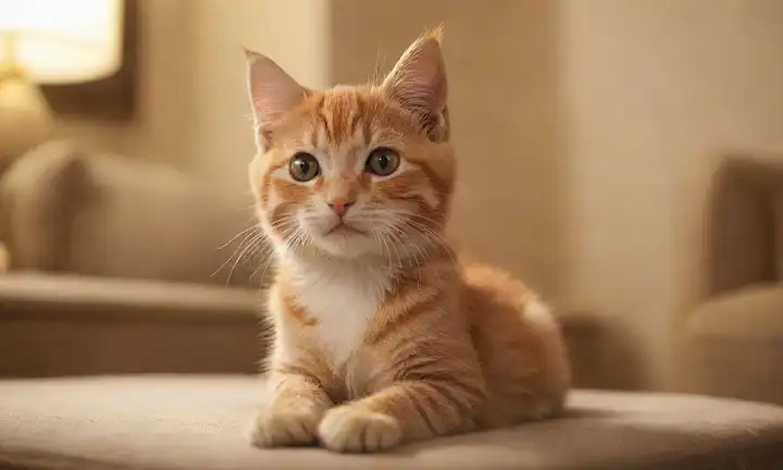 3D rendering, lindo gatito sentado, suave enfoque fondo, muebles borrosos, pose lúdica, una pata elevada, iluminación cálida, ambiente acogedor, marco dorado alrededor de los bordes, sutil sombra, mirada atractiva