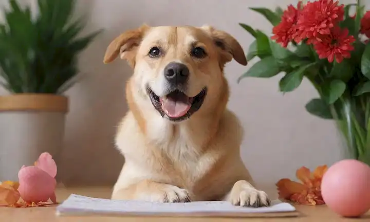 ilustración 3D de perro feliz con propietario, fondo de casa, calendario, billetera y golosos, rodeado de hojas, flores y bolas