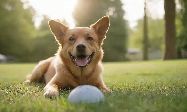 Un perro feliz jugando con una pelota, rodeado de exuberante césped verde, la luz del sol caliente filtrando a través de los árboles, una cómoda cama de perro en la esquina, unos juguetes dispersos alrededor, un propietario de aspecto suave que acaricia al perro, un fondo borroso sutil para crear profundidad