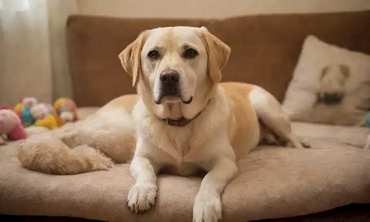 Un viejo perro suave con ojos nublados