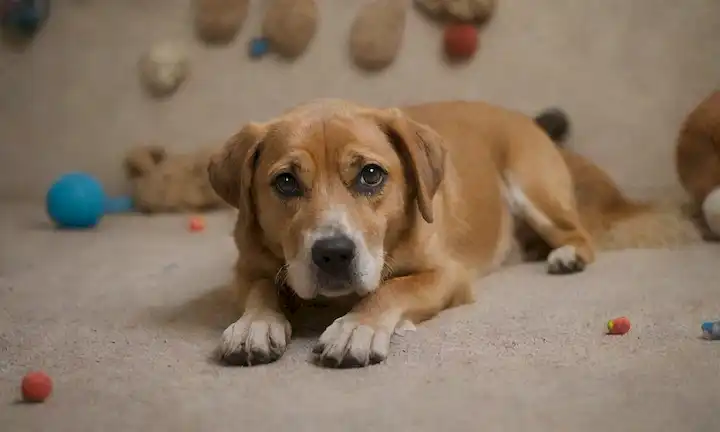 Viejo perro con ojos nublados, expresión suave, puesto en alfombra desgastada, rodeado de juguetes dispersos, y algunas fotos en la pared, con un ligero toque de colores descoloridos, iluminación cálida y suave