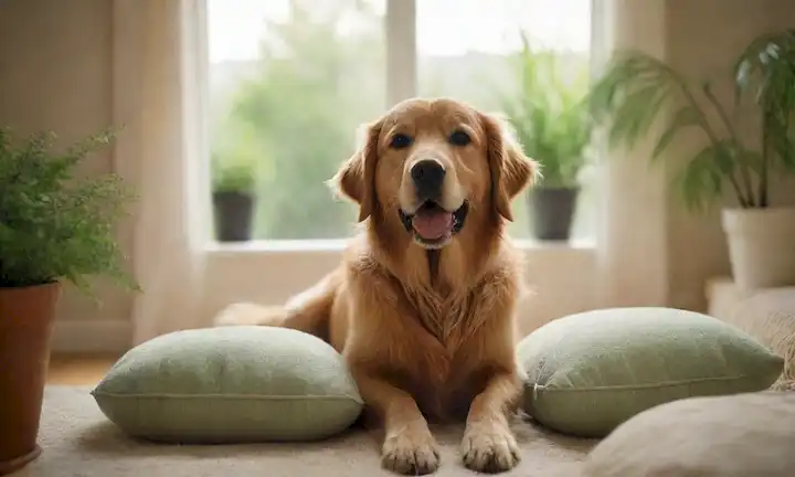 Una habitación cálida y acogedora con juguetes para perros esparcidos alrededor, un suave recuperador de oro sentado en un cojín suave, rodeado de plantas verdes y flores, con una luz solar calmante que brilla a través de la ventana, unos cuantos golosos y bolas en la esquina, y un ambiente sereno, transportando comodidad y paz