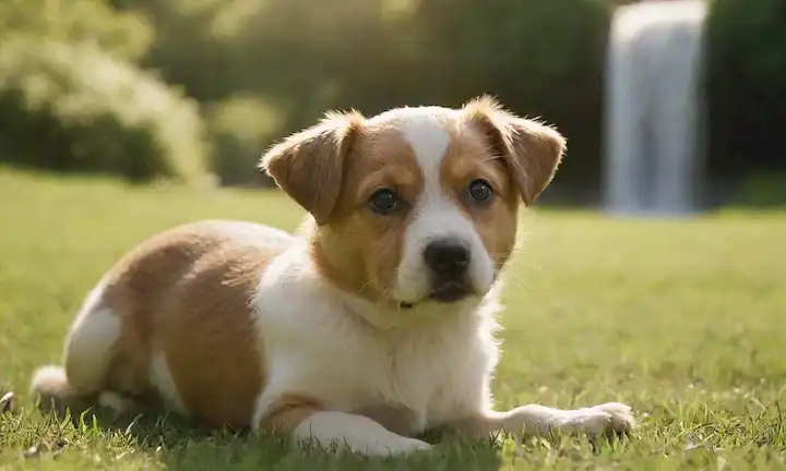 Un cachorro juguetón, sentado o de pie sobre una hierba verde, con unas pocas pulgas volando alrededor de su piel, y un tazón pequeño cerca con un efecto suave cascada, la luz del sol caliente filtrando a través de los árboles en el fondo, una mirada amistosa