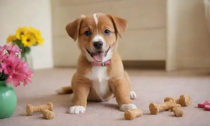 Un lindo cachorro jugando con juguetes en un piso de salón limpio, rodeado de unas cuantas golosinas de perros y un poste de rasguño, con una cara sonriente feliz y la cola ondulante, contra un fondo soleado brillante, con algunas flores coloridas o un jarrón, transmitiendo una sensación de calidez y felicidad, con el tono general ser amable y acogedor