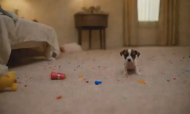 cachorros de 5 meses, arrastrados en alfombra, con pulgas y garrapatas visibles, algunos con golpes rojos o reacciones alérgicas, rodeados de papeles y juguetes rotos, sala iluminada