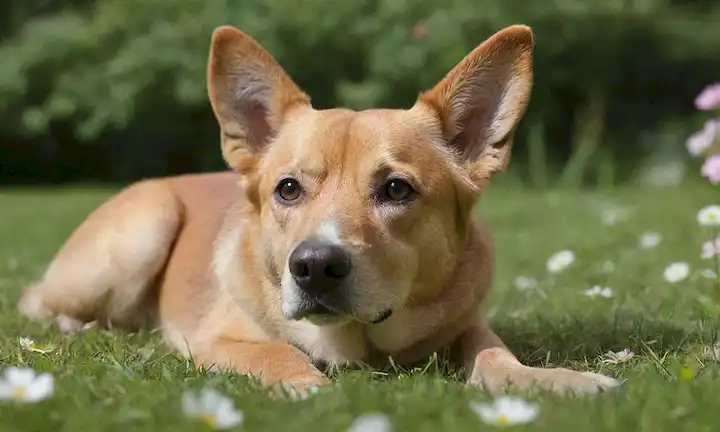 Un perro sereno y bien cuidado acostado sobre una suave superficie pastosa, rodeado de flores y hojas frescas, con unas cuantas mariposas juguetonas fluyendo alrededor de sus oídos o nariz