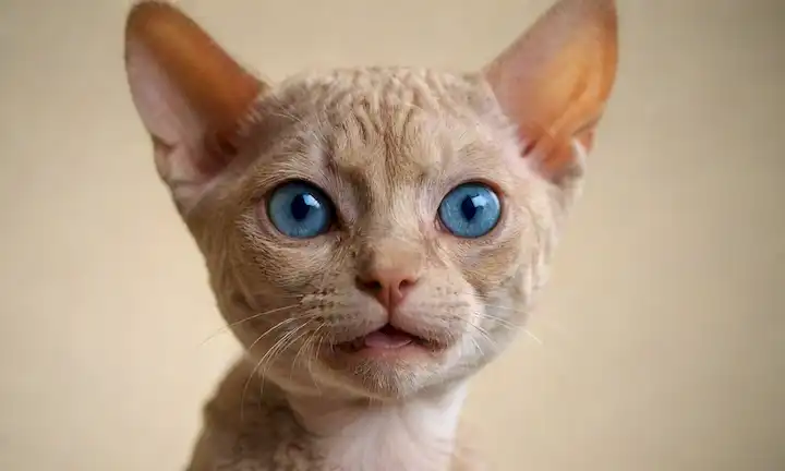 ilustración 3D de un Devon de pelo rizado y lúdico gato Rex con ojos azules brillantes, fondo de enfoque suave, colores cálidos, pose suave, bigotes prominentes, orejas ligeramente hacia adelante, y una sonrisa sutil
