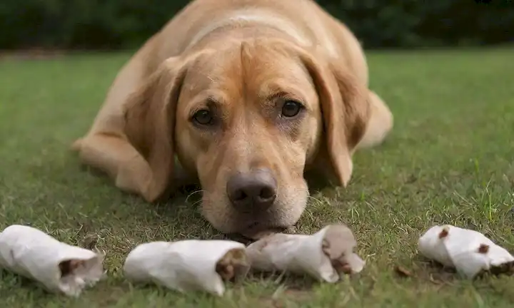 Un perro acostado en hierba con patas dobladas