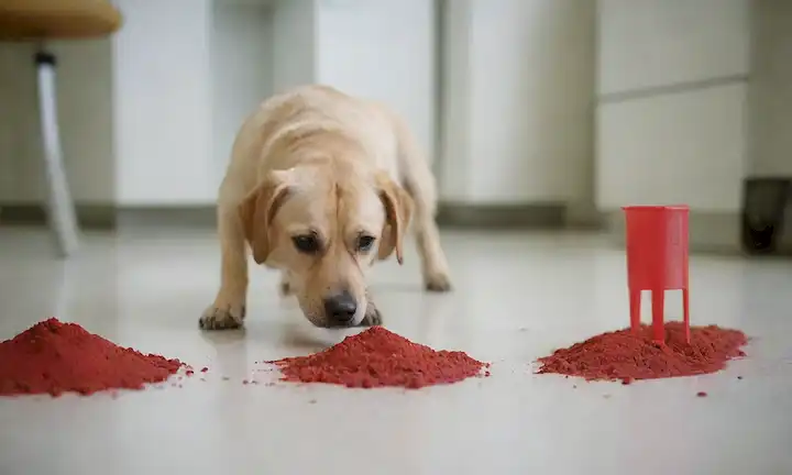 3-4 perros en varias poses, vómito o diarrea en tierra, equipo de laboratorio cerca, un veterinario inspeccionar una muestra, un taburete de perros con color rojo brillante, fondo borroso para enfatizar el contexto médico
