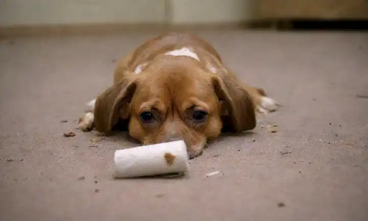 Un perro acostado en su lado con una expresión angustiada, rodeado de heces dispersas y manchas de orina en un piso alfombrado, un rollo de papel higiénico roto en el fondo, con un aire de caos y desorden