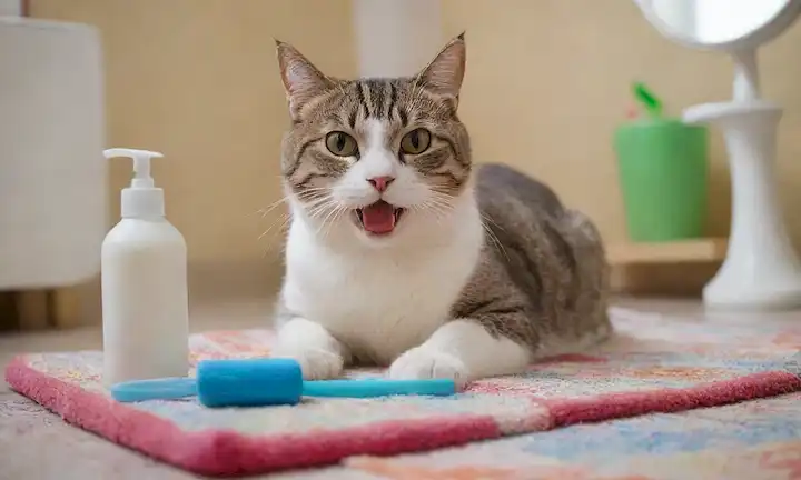 Un gato feliz sentado frente a un espejo dental, con un cepillo de dientes y pasta de dientes cerca, rodeado de juguetes, un poste de rasguño, y un tazón de leche, en una alfombra colorida