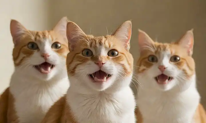 2-3 gatos con diversas estructuras dentales, incluyendo dientes perdidos, coronas de dientes y caninos, en un fondo brillante, con detalles de piel, silbidos, y un sutil toque de expresiones faciales felinas