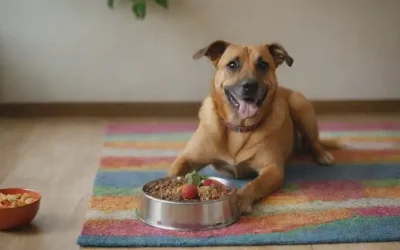 Un disparo de cerca de un perro feliz sentado en una alfombra colorida