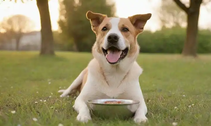 perro feliz en el entorno natural, sentado en la hierba con flores, comer cuenco cerca, con fondo borroso de árboles y cielo soleado, iluminación cálida, atmósfera tranquila