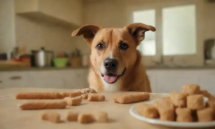 Feliz perro rodeado de comida, golosinas y utensilios, con una expresión curiosa, en un acogedor mostrador de cocina, con un fondo borroso de un hogar cálido