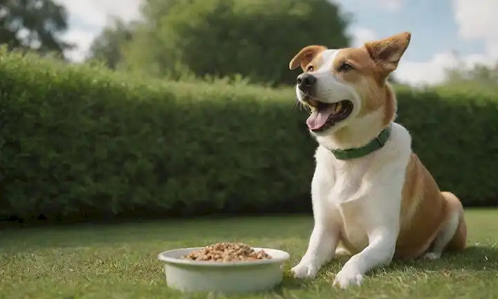 Un perro feliz sentado en una zona pastosa, comiendo un tazón de comida saludable, con un fondo tranquilo y sereno, con algunas plantas verdes, un cielo soleado y una brisa suave soplando