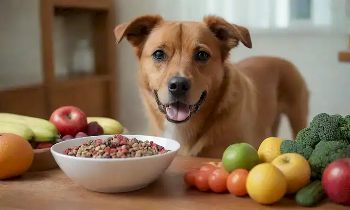 Un perro feliz con un tazón de colorido kibble, rodeado de frutas y verduras frescas, en una acogedora mesa de madera, bajo luz natural con sombras sutiles, transmitiendo un sentido de salud y nutrición