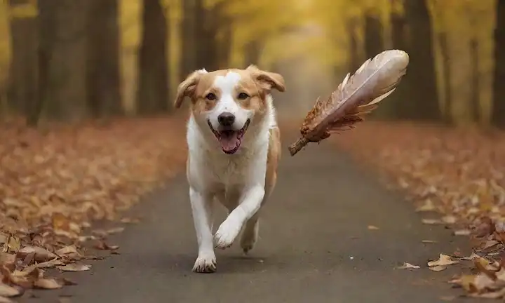 perro feliz, corriendo con la pierna de pavo, fondo otoñal, iluminación cálida, colores marrones y dorados, plumas de pavo esparcidas alrededor, atmósfera lúdica, entorno natural, disparo de cerca