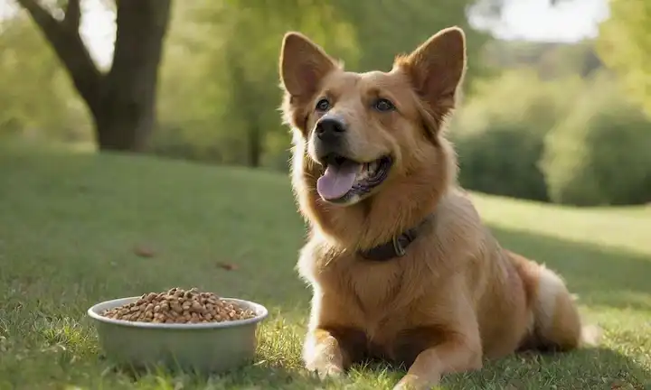 Un perro feliz con un abrigo marrón y orejas floppy sentado en una ladera pastosa, rodeado de hojas verdes, disfrutando de un tazón de kibble color pavo claro, con un fondo soleado, transmitiendo una sensación de salud y bienestar