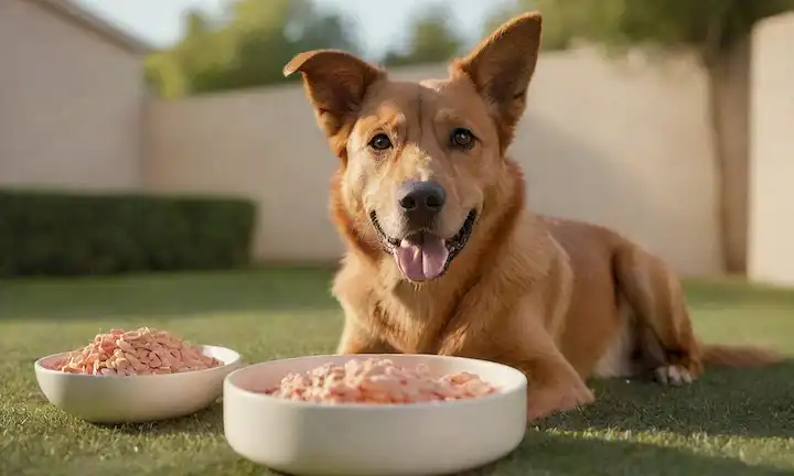 3D rendering of a happy, healthy dog with shiny coat, looking directly at camera, surrounded by sutil salmon-colored waves, sitting on a grassy lawn with a few fish-scale patterns, and a bowl of Dog Chow nearby, with a warm light brighting from above, conveying comfort and satisfaction