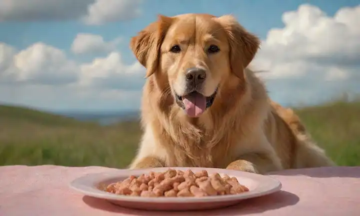 Un plato de kibble con piezas en forma de pescado, fondo de color salmón, icono de impresión de patas, perro feliz en la distancia, raza del recuperador de oro, escena de la naturaleza serena, cielo soleado, nubes suaves, y un tema acuático sutil