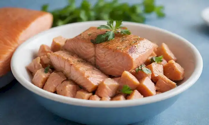Un tazón lleno de kibble dorado, rodeado de un tono azul calmante, con unas cuantas piezas de relleno de salmón cocido, unas cuantas hojas de perejil frescas, y un fondo acuático sutil, todo en enfoque suave