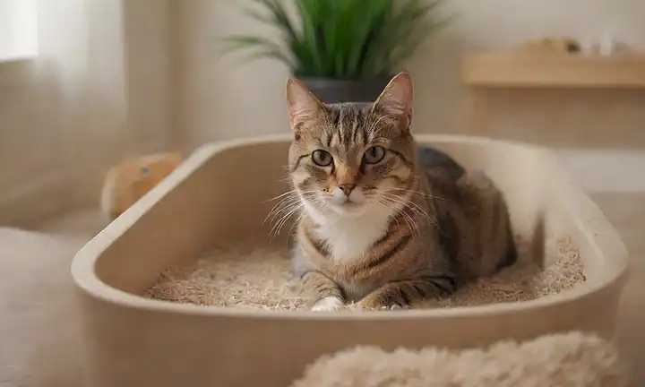 Un gato saltando en una caja de basura limpia rodeada de juguetes y postes de rasguño, con unos pocos pelos de gato dispersos y un sutil toque de frescura, con fibras naturales como coco o papel reciclado, con un fondo minimalista, y sin desorden ni olores visibles