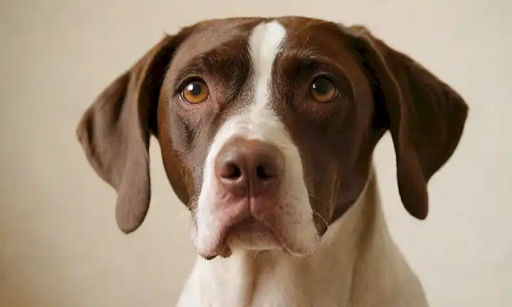 Un disparo de cerca de la cabeza de los perros punteros, con ojos marrones, orejas flojas, y una nariz corta, contra un fondo blanco o beige, rodeado de luz suave y dorada, capturando su suave expresión