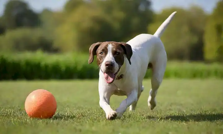 Un perro puntero en un campo, corriendo libremente con sus orejas arriba y cola ongging, junto a una bola o un frisbee, con un fondo borroso de hierba verde y cielo soleado, con una expresión tranquila y juguetona en su cara, rodeado de ambiente suave y exuberante
