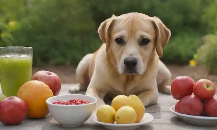 Un perro embarazada comiendo un cuenco de alimentos nutritivos, con un vaso de agua cerca; un perro madre abrazando a sus cachorros mientras se meten en golosinas saludables; un collage de frutas frescas y verduras alrededor de la madre expectante; un paisaje sereno con un perro embarazada disfrutando de un día soleado rodeado de naturaleza