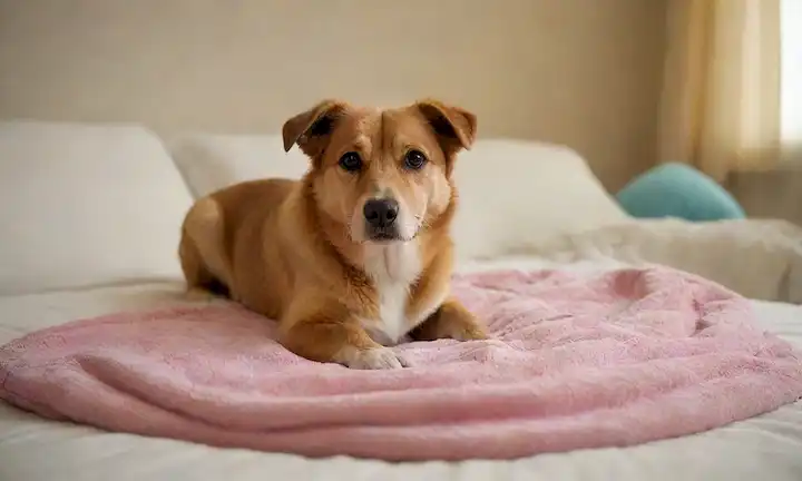Un perro embarazada con un vientre prominente, rodeado de mantas suaves o toallas para proporcionar comodidad y calidez, posiblemente con su pata en su vientre o lamiendo en un gesto maternal, contra un fondo cálido y acogedor, como una cama o una alfombra de felpa, con algunos juguetes o golosinas cercanos