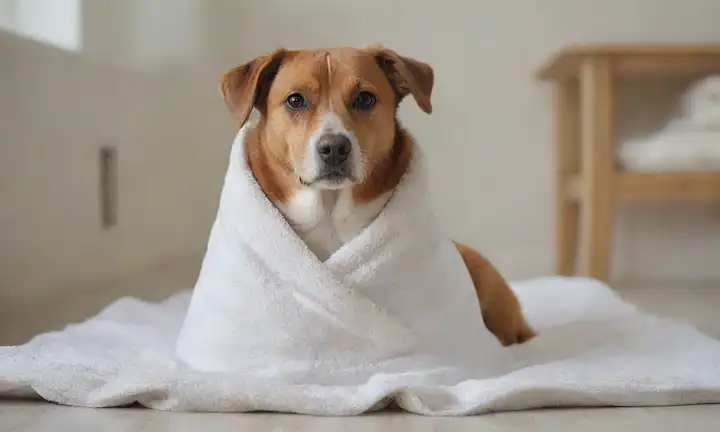 Un perro embarazada sentado en una superficie blanca, con su vientre claramente visible, rodeado de mantas o toallas suaves, y teniendo una expresión tranquila, usando una suave etiqueta en su cuello, con un fondo sutil borroso, en colores cálidos