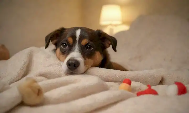 Perro embarazada acostado, vientre ligeramente hinchado, rodeado de mantas suaves y juguetes, iluminación suave, sombra sutil, colores cálidos, ambiente tranquilo, expresión expectante, manos nutritivas o patas en el fondo