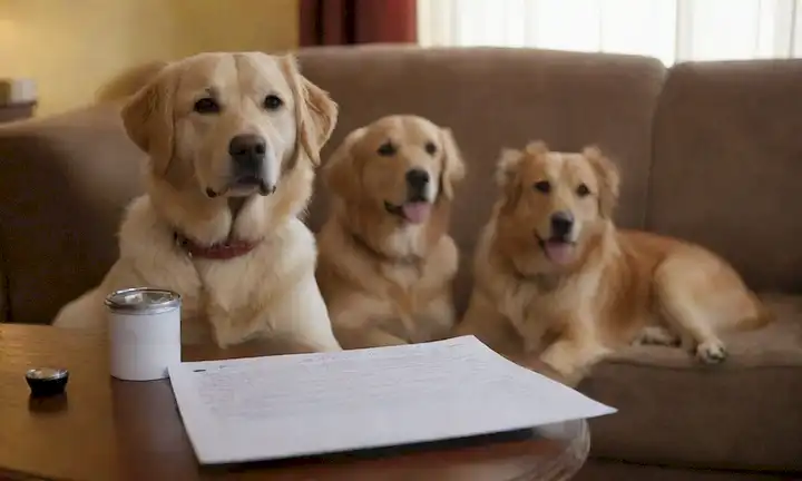 2 perros mayores, uno con una cola ondulante, en un acogedor salón, con un gráfico médico o una botella recetada en una mesa de café, rodeado de luz natural, colores cálidos y texturas sutiles