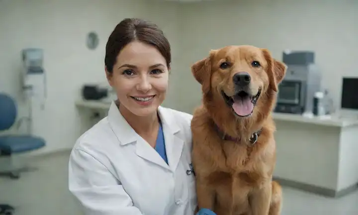Un perro feliz en un entorno de clínica veterinaria, con equipos médicos cercanos, siendo mantenido por un veterinario tranquilo y gentil, rodeado de limpieza, símbolos de esterilidad u otros elementos enfatizando el tema de la esterilización de mascotas
