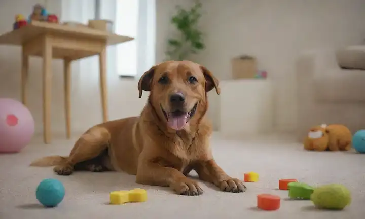 Un perro tranquilo, castrado o escupido, acostado en una superficie suave, rodeado de juguetes, golosinas, y un dueño amante, con una sonrisa sutil, en una habitación brillante y aireada, con sombras mínimas, mostrando un sentido de felicidad y contentamiento