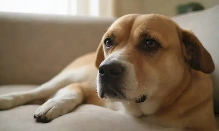 Un perro tranquilo y curioso sentado cómodamente, con una mano humana suave, un gesto de petting, y un fondo suave