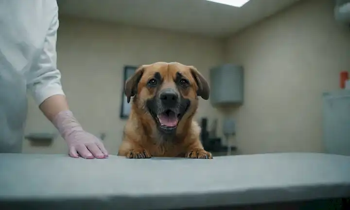 un perro, un veterinario, un fondo de la habitación quirúrgica, equipo estéril, guantes, tijeras, clippers, una parte trasera de perros, un enfoque en la zona que se está operando, postura de perro tranquila y relajada, posiblemente una mano humana que sostiene al perro
