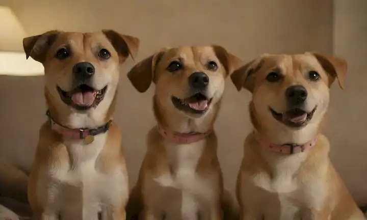 3-5 perros lindos con collares y etiquetas, sentado en un sofá, con caras felices, siendo suavemente acariciado por sus propietarios, en un acogedor entorno de hogar con iluminación cálida, colores suaves y texturas, transmitiendo confianza, afecto y contentamiento