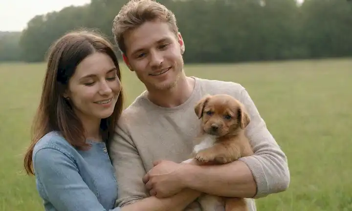 Una escena de corazón de una pareja feliz sosteniendo a su adorable cachorro en sus manos, con un ambiente sereno y natural, posiblemente un prado o un parque, transmitiendo amor y cuidado para los animales, sin indicios de ningún equipo médico
