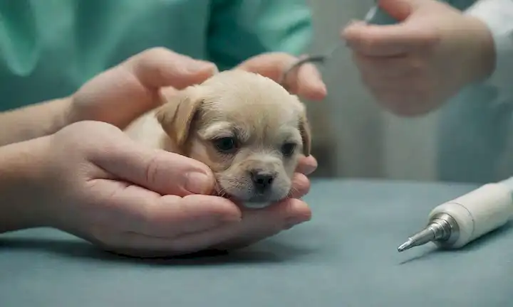 Una vista de cerca de las manos veterinarios que sostienen un cachorro pequeño, con equipos quirúrgicos y herramientas en el fondo, que representan un entorno operativo estéril, ambiente tranquilo y tratamiento suave
